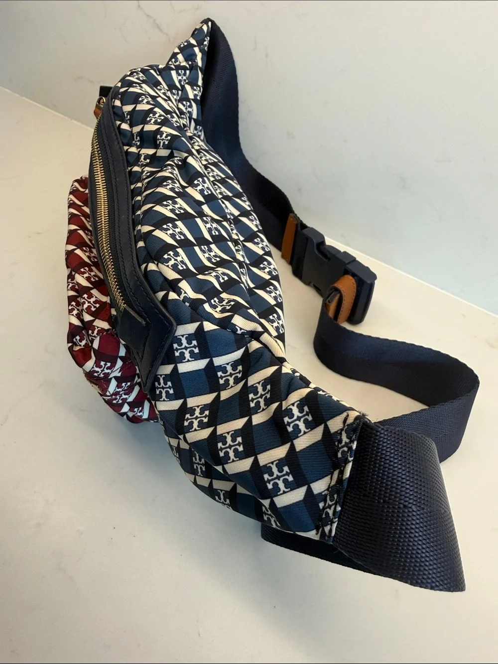 Tory Burch Convertible Crossbody Nylon Belt Bag - Dark Red & Navy Blue